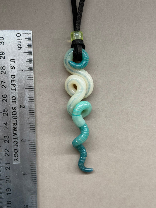 Wormilyn Monroe - Aqua Glow-in-the-Dark Worm Pendant w/ Uranium Glass Bead 17