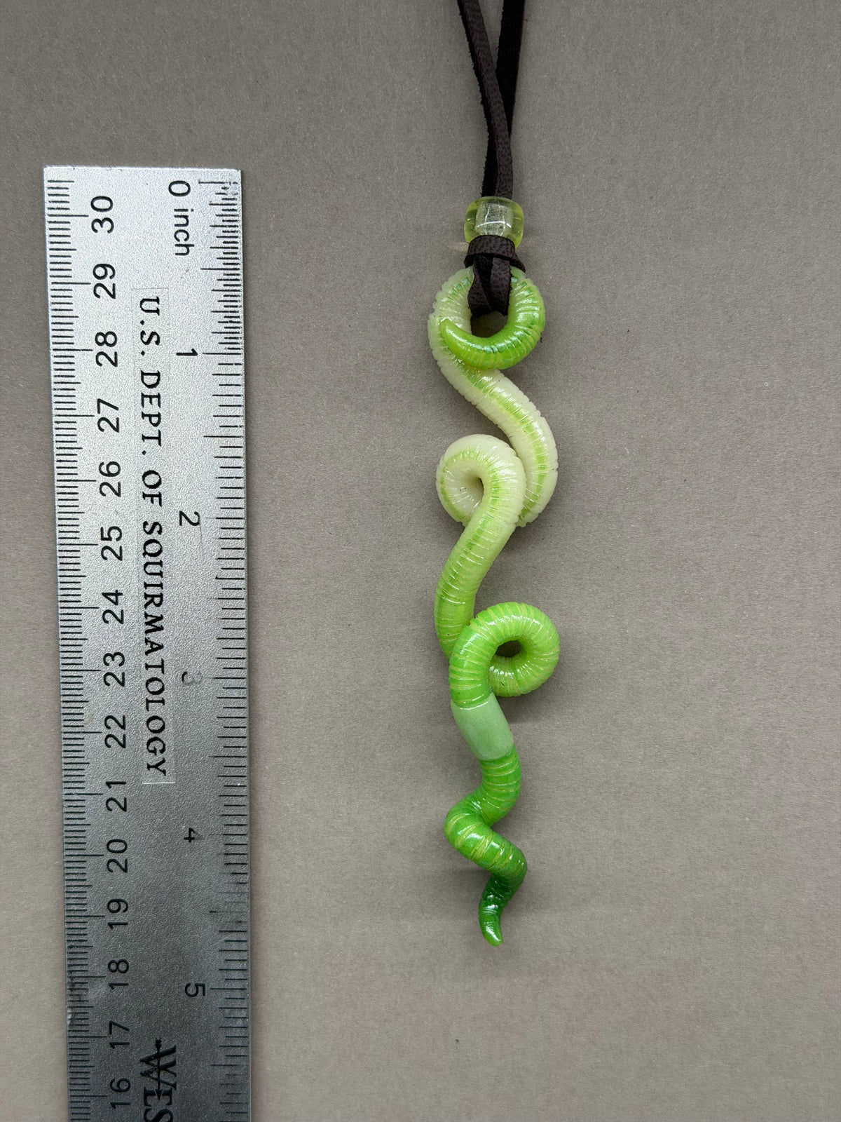 Squirmbob Squishpants - Green Glow-in-the-Dark Worm Pendant w/ Uranium Glass Bead 11