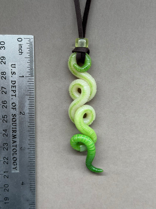 Camerworm Diaz - Green Glow-in-the-Dark Worm Pendant w/ Uranium Glass Bead 10