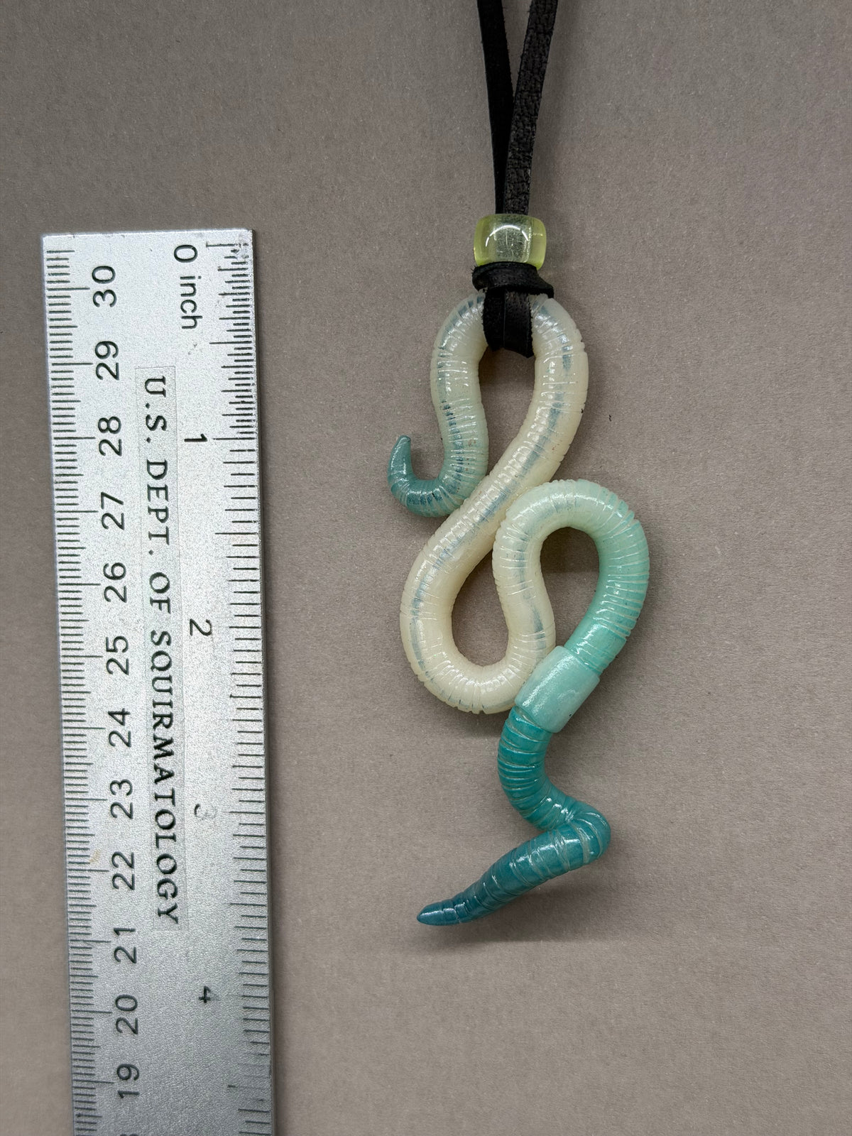 Squirmothy - Aqua Glow-in-the-Dark Worm Pendant w/ Uranium Glass Bead 15