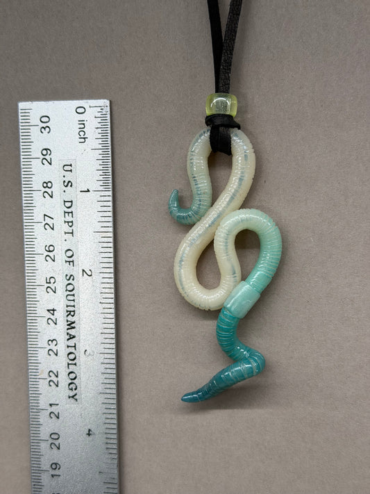 Squirmothy - Aqua Glow-in-the-Dark Worm Pendant w/ Uranium Glass Bead 15