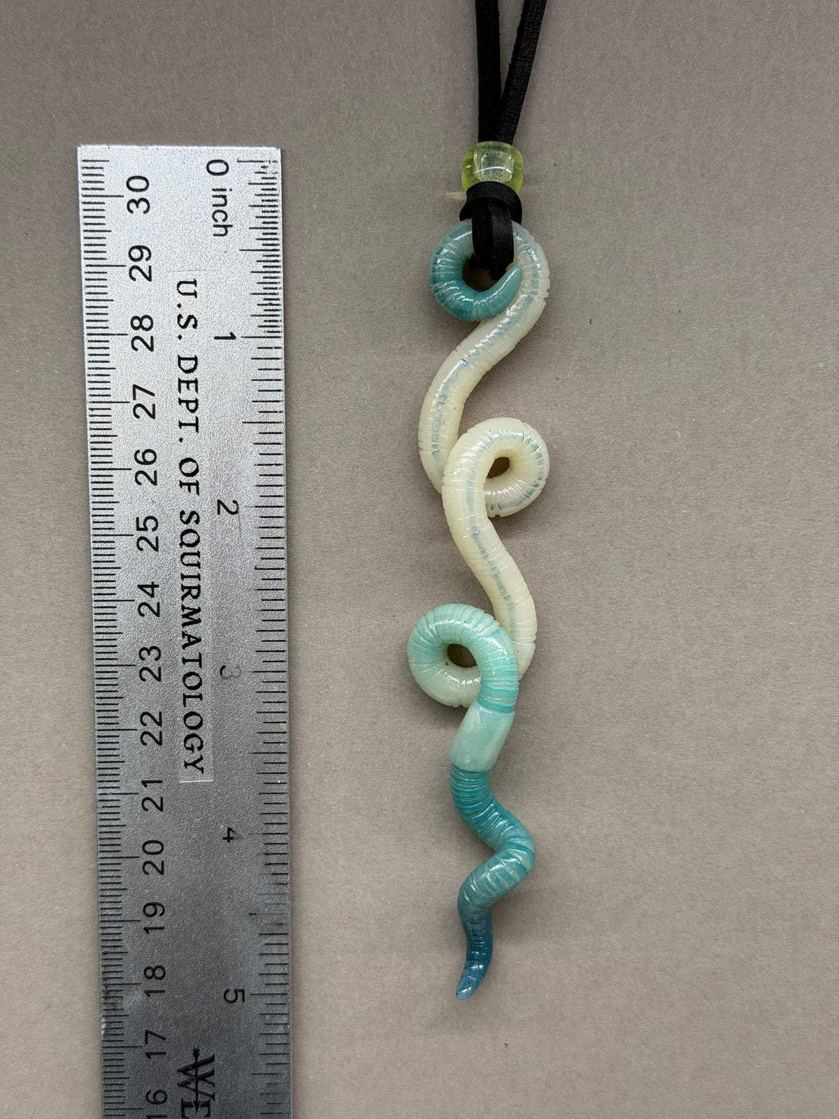 Kevin - Aqua Glow-in-the-Dark Worm Pendant w/ Uranium Glass Bead 16