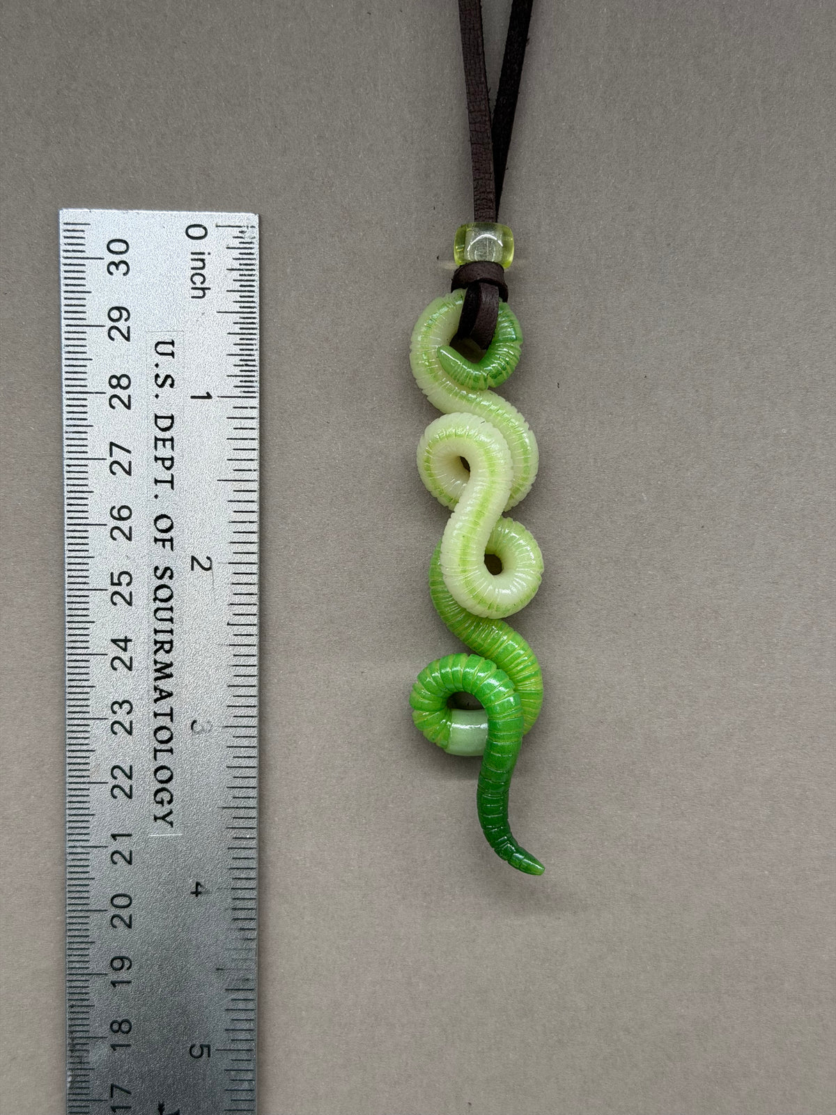 Sir Squiggleton IV - Green Glow-in-the-Dark Worm Pendant w/ Uranium Glass Bead 14