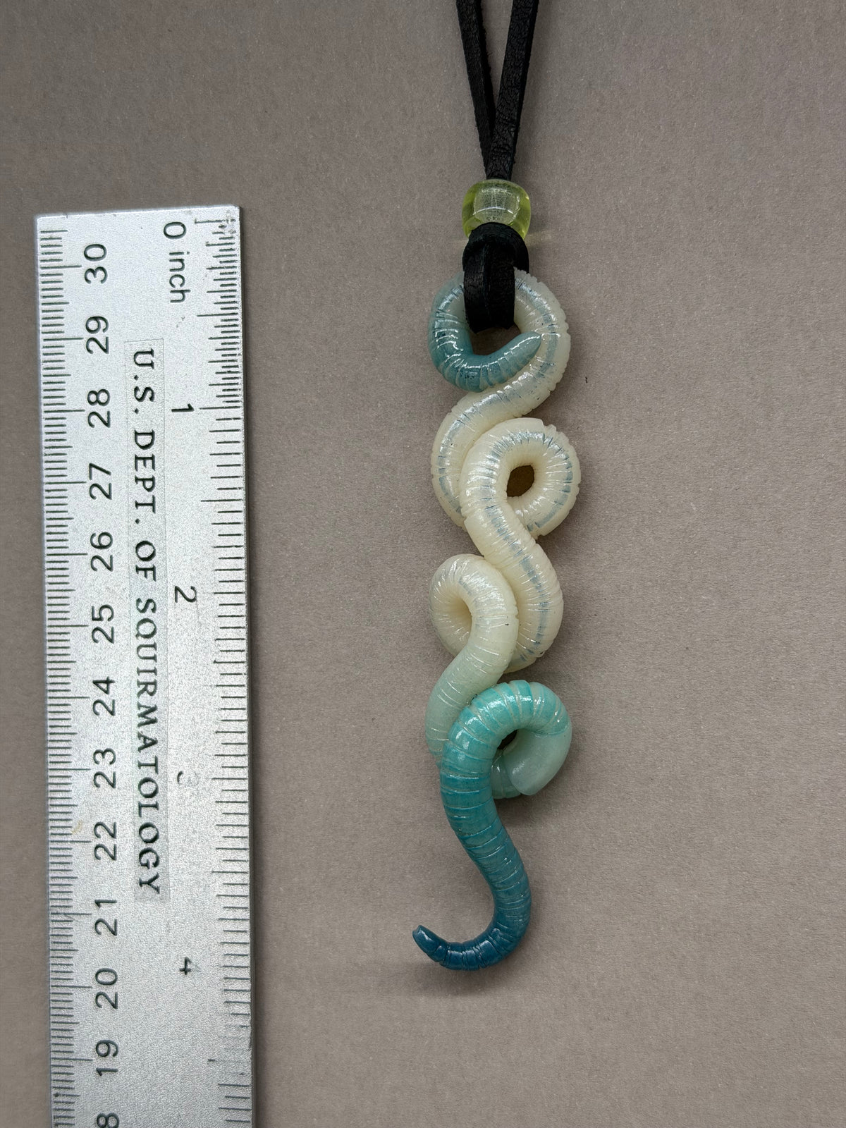 Gummy Gummerson - Aqua Glow-in-the-Dark Worm Pendant w/ Uranium Glass Bead 13