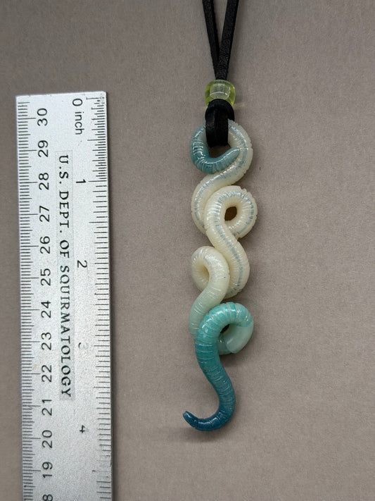 Gummy Gummerson - Aqua Glow-in-the-Dark Worm Pendant w/ Uranium Glass Bead 13