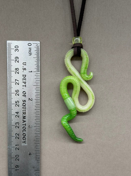 Squirmanda - Green Glow-in-the-Dark Worm Pendant w/ Uranium Glass Bead 12